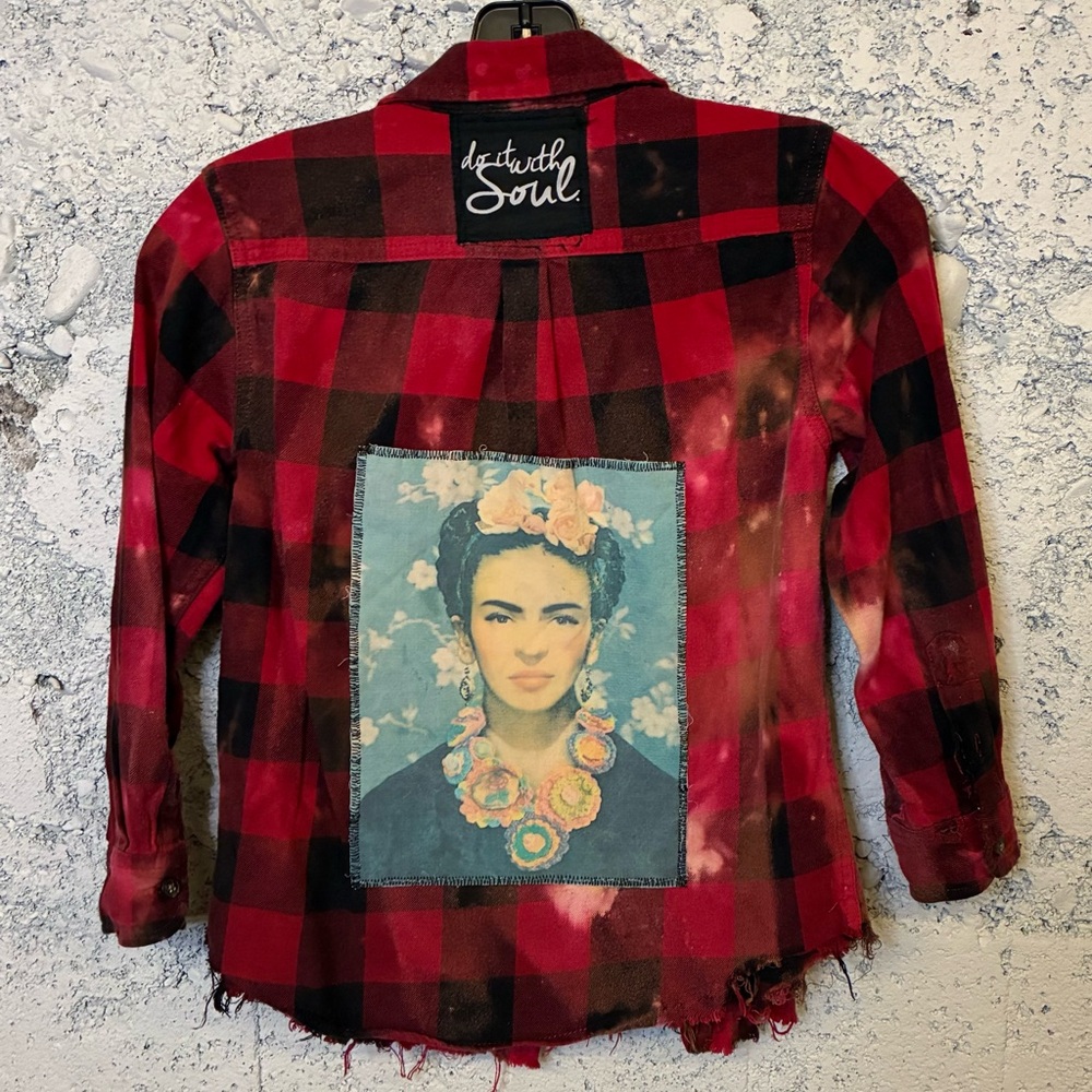 Upcycled Red Plaid Flannel with Frida Kahlo Patch